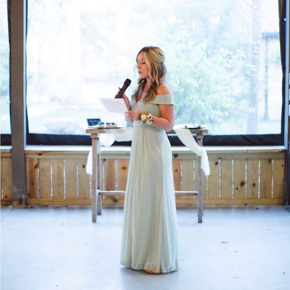 Azazie Audrianna A-Line Off-Shoulder Chiffon Dress in Dusty Sage — custom 8/10